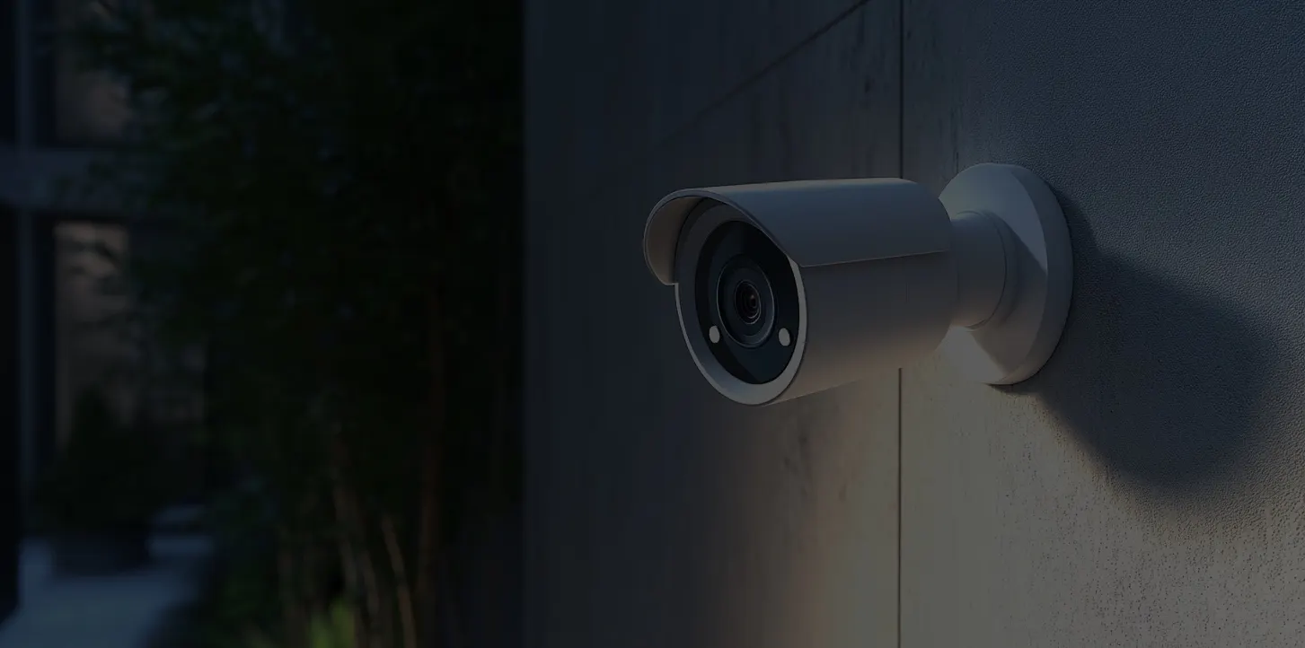 CCTV camera keeping watch over a home at dusk