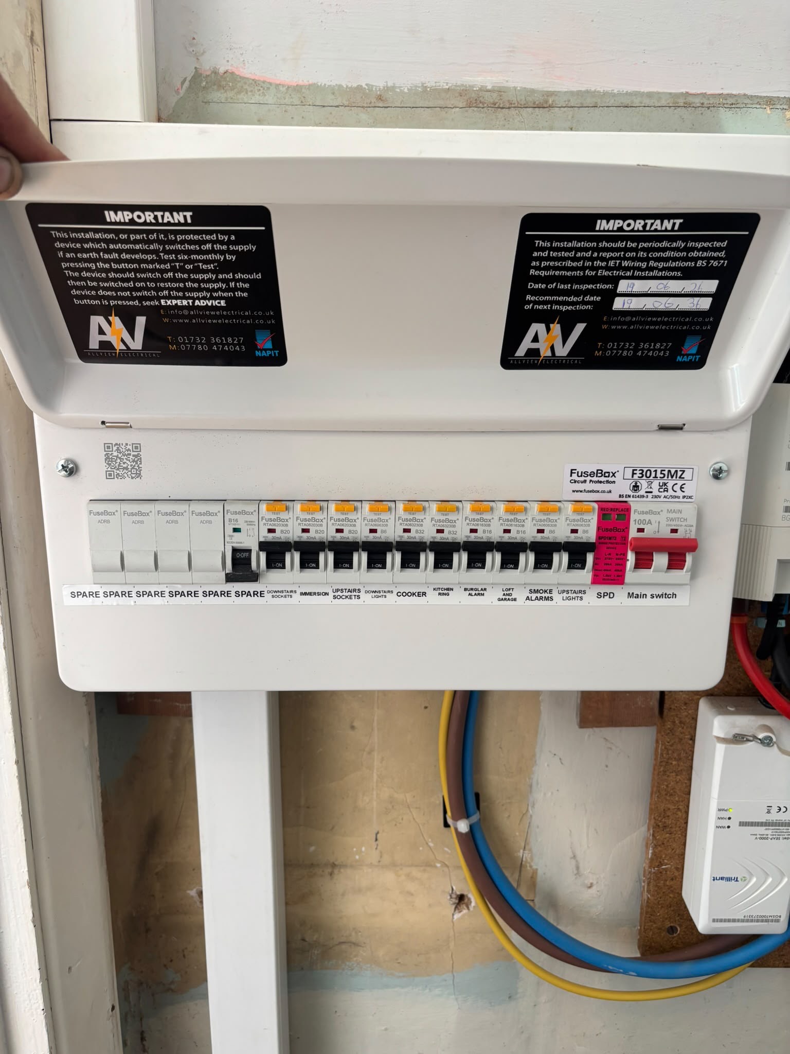A modern consumer unit with clearly labelled circuits, installed by Allview Electrical