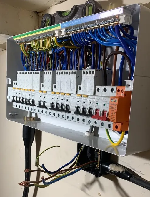 A neatly wired, clearly labelled consumer unit fitted by Allview Electrical