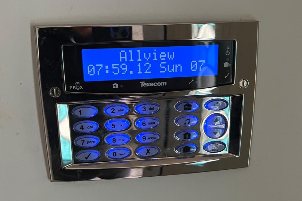 A Texecom alarm control panel programmed with the Allview Electrical name