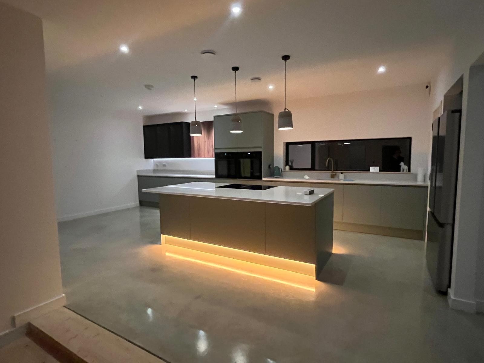 Kitchen island pendants and plinth lighting installed by Allview Electrical