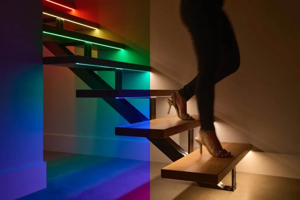 Colour-changing smart lighting on a staircase